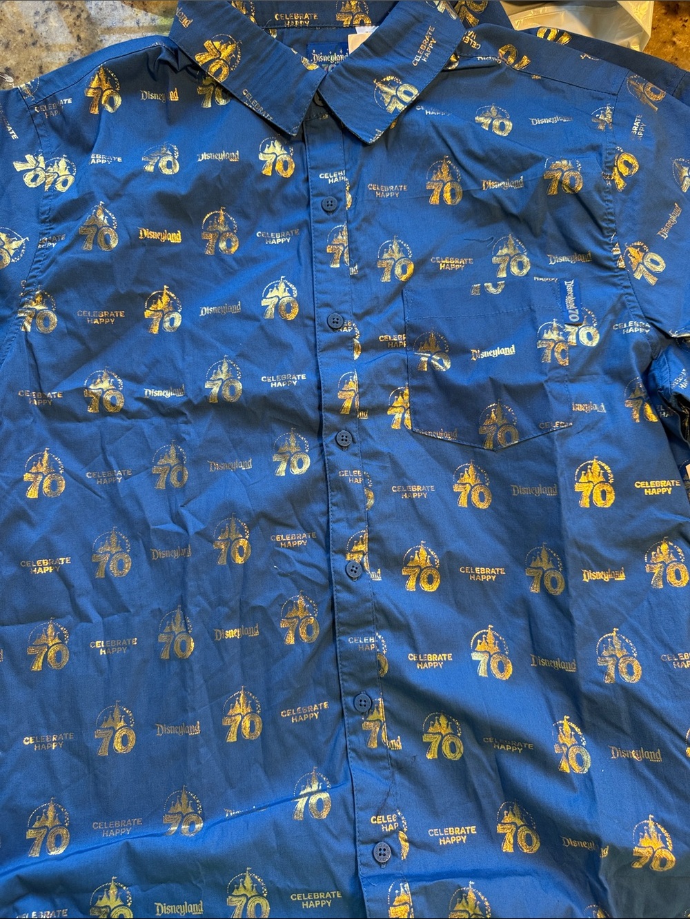 Disneyland 70th Anniversary Blue Button-Up Shirt with Gold Print sz L